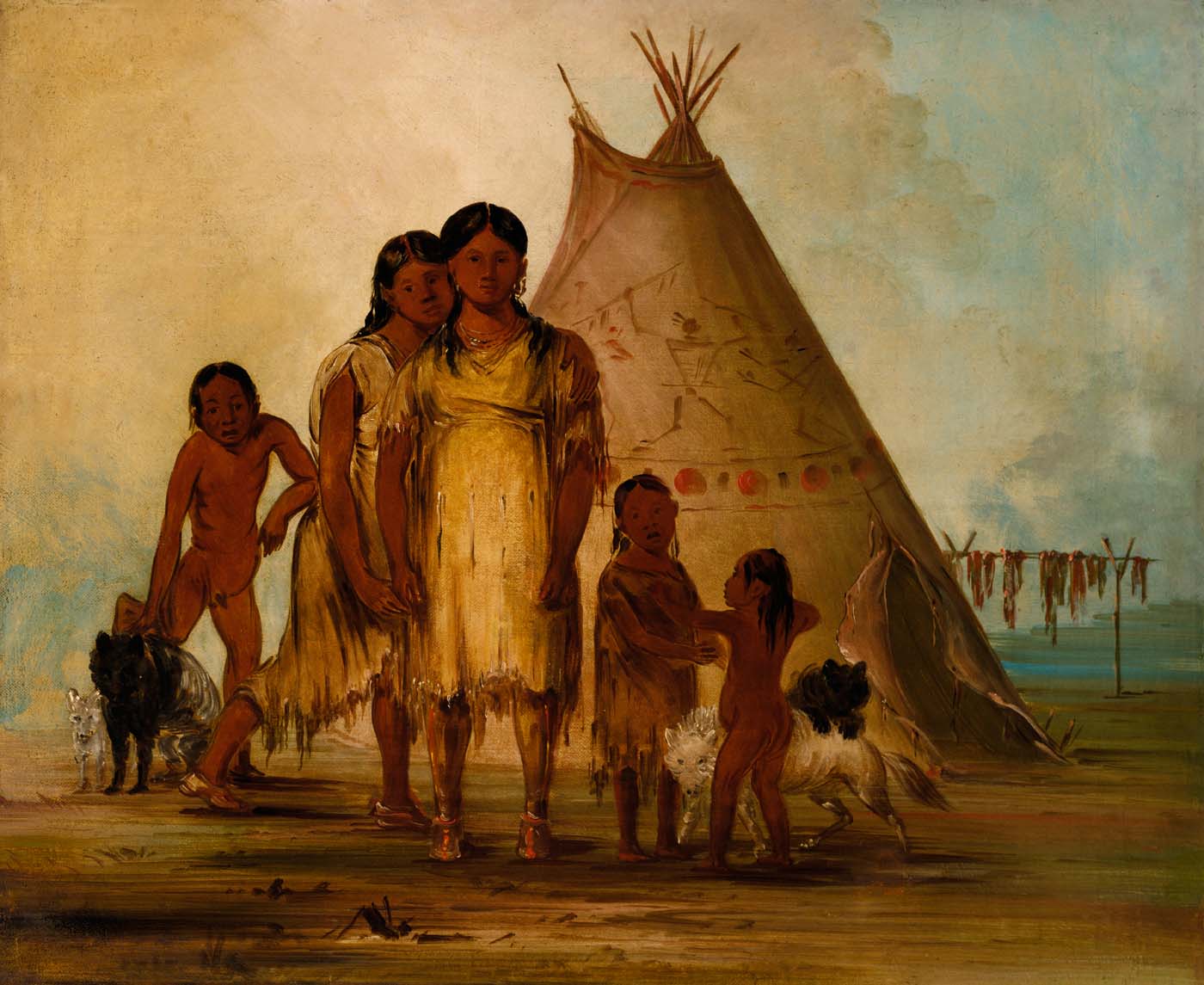 George Catlin schilderij: Comanche meisjes bij een tipi