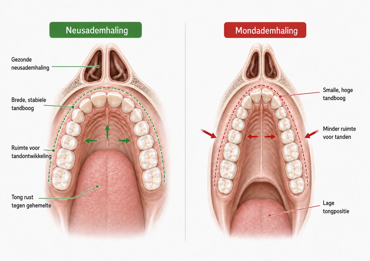 Kaakboog van bovenaf: neusademhaling vs. mondademhaling